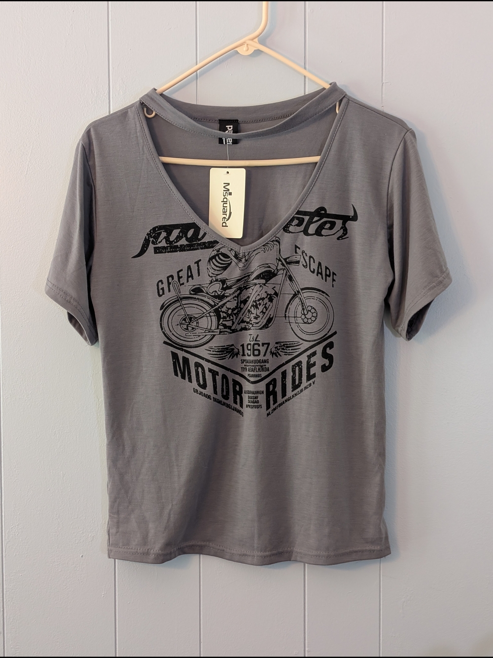 Missguided Gray V-Neck Choker Short Sleeve Tee with Black Motorcycle Graphic